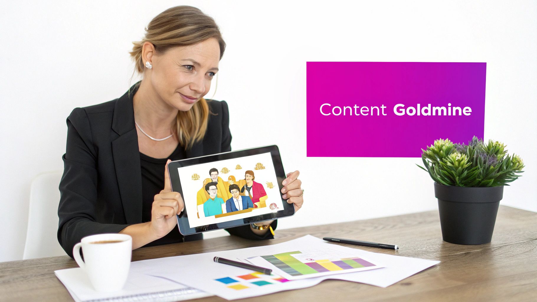 A woman presents a tablet with a cartoon group and a 'Content Goldmine' sign in a modern office.