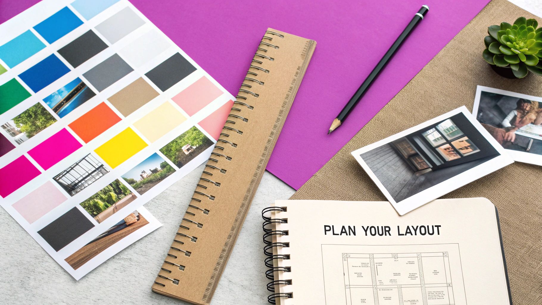 A vibrant flat lay of design tools, including a color palette, ruler, pencil, and 'PLAN YOUR LAYOUT' notebook, ideal for creative projects.