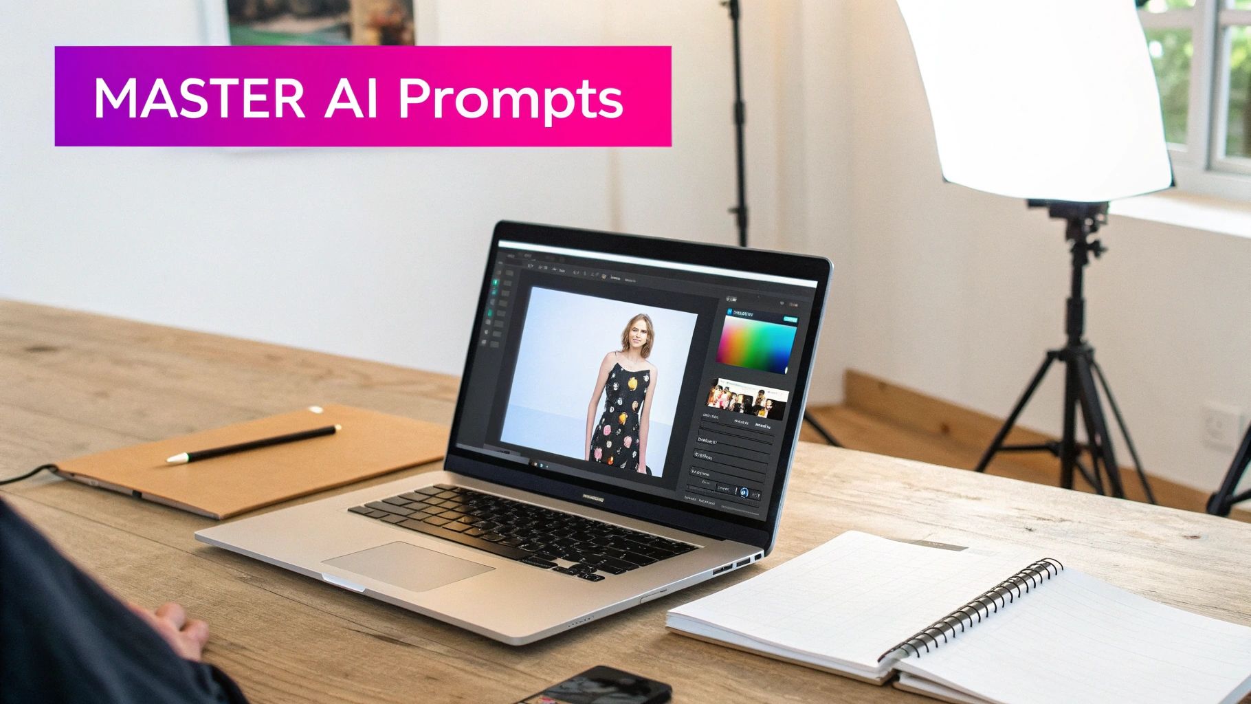A laptop on a wooden desk showing photo editing software with a model, next to a notepad and pen.