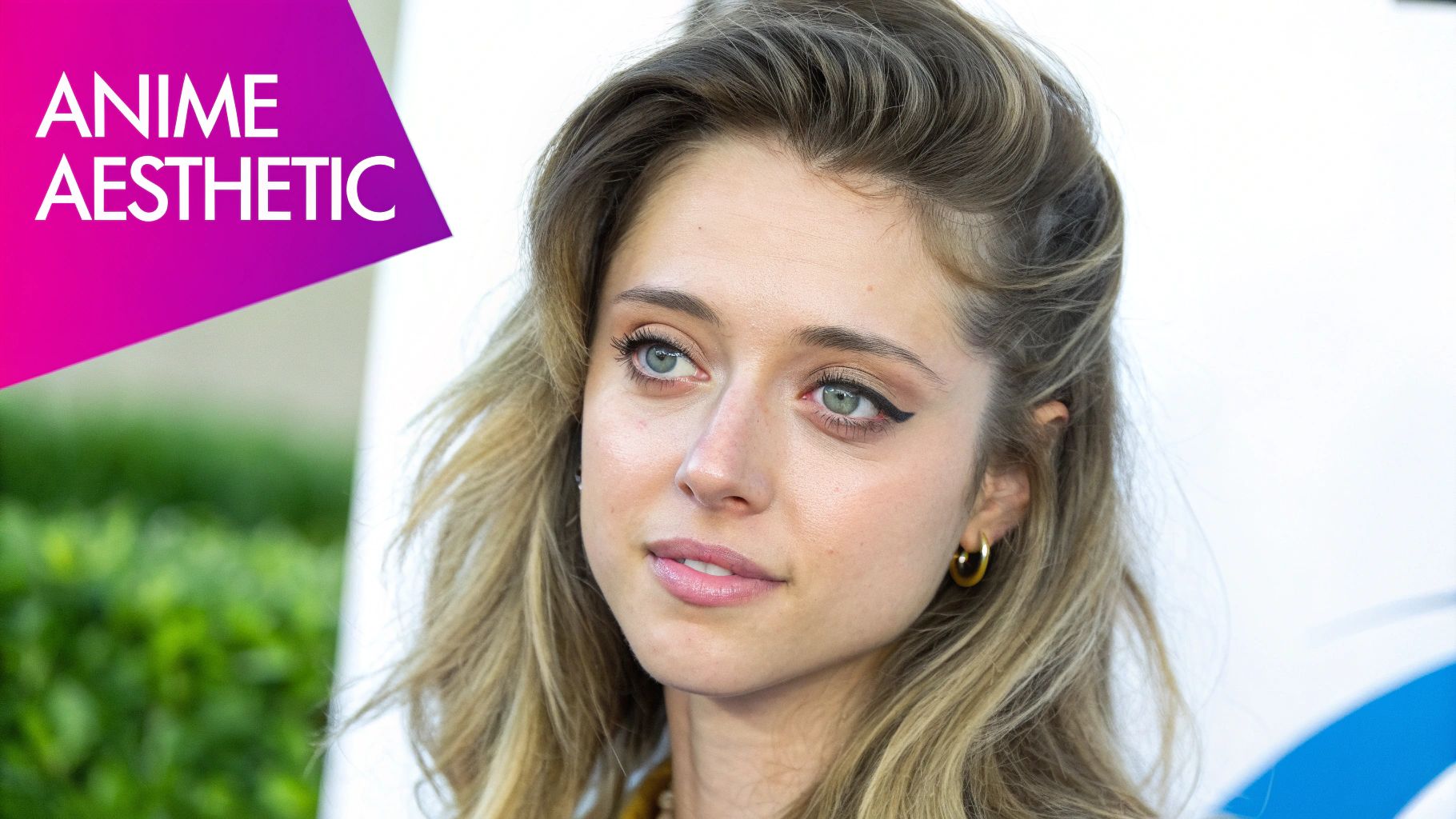 Close-up of a young woman with blonde hair, blue eyes, and delicate makeup, with an 'Anime Aesthetic' graphic.