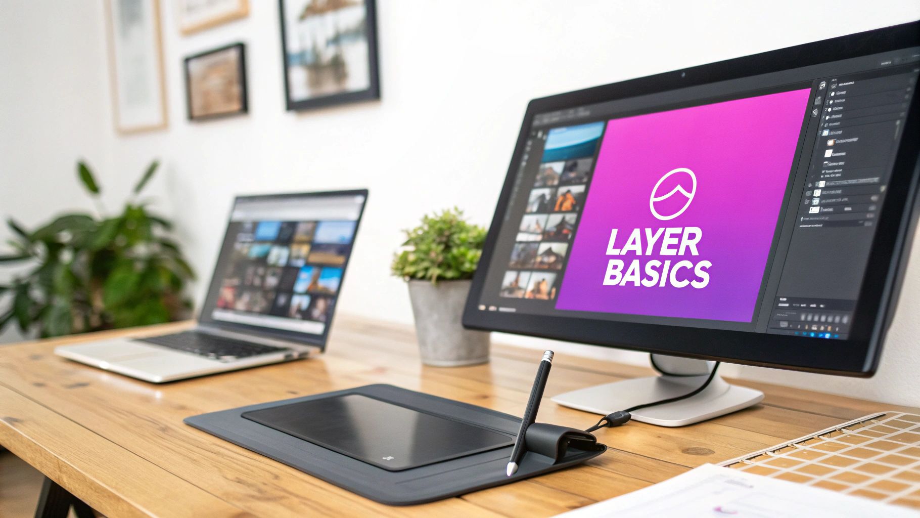 A vibrant digital design workspace with a monitor displaying 'LAYER BASICS', a laptop, and a graphic tablet.