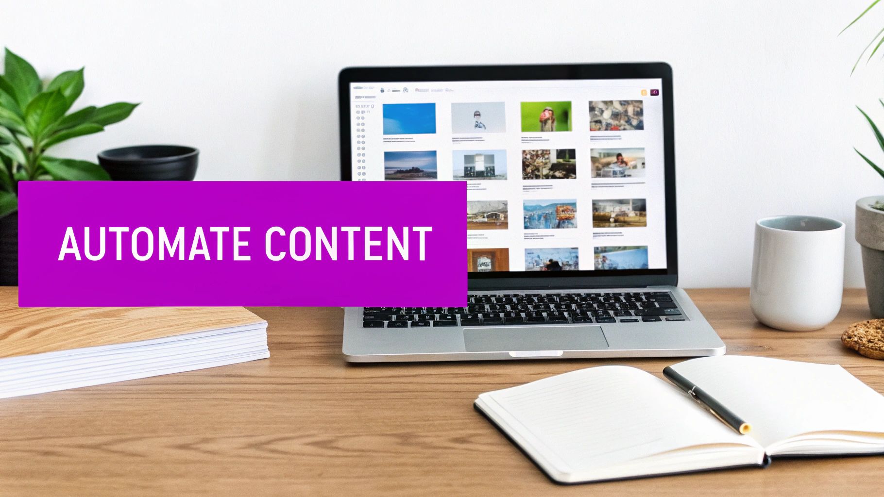 An office desk with a laptop showing images, plants, an open notebook, and an 'AUTOMATE CONTENT' banner.