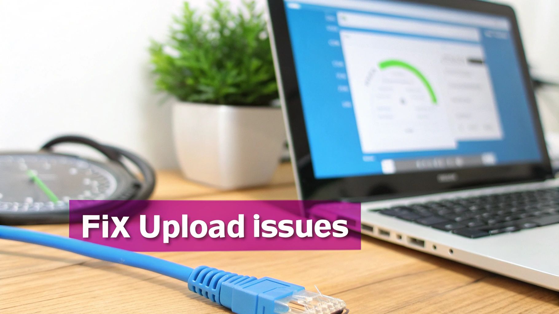 An illustration of a computer screen showing an upload error message with a magnifying glass examining it, symbolizing troubleshooting.