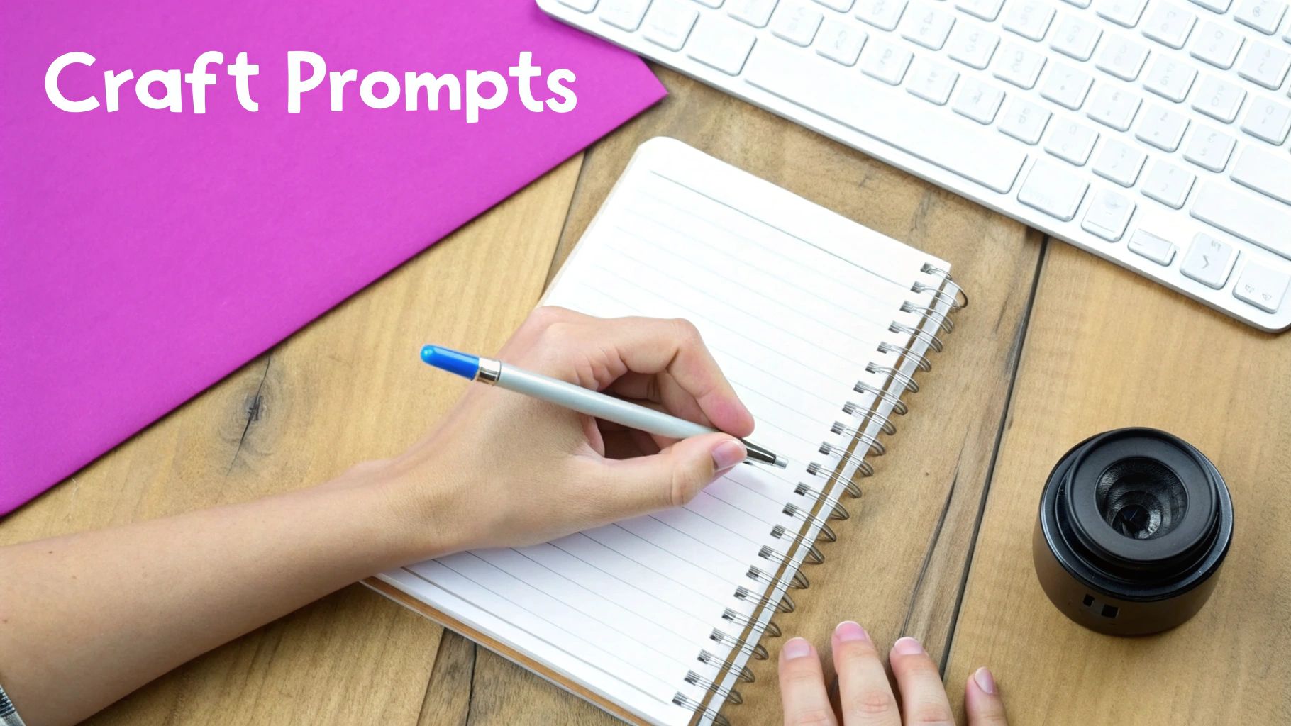 A hand writes in a spiral notebook on a wooden desk, next to a 'Craft Prompts' folder and a keyboard.