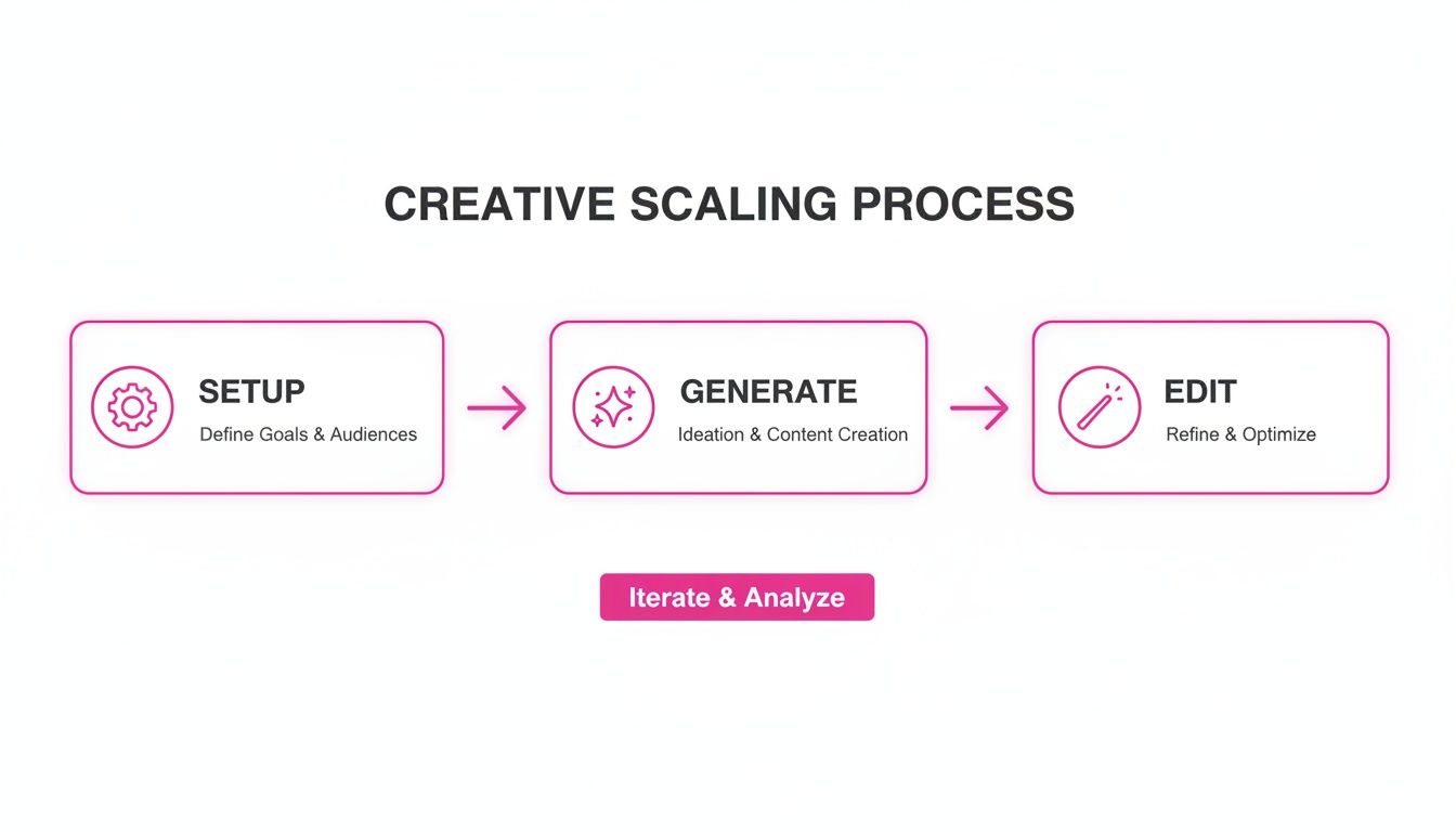 A diagram illustrating a creative scaling process with setup, generate, and edit phases, followed by iteration.