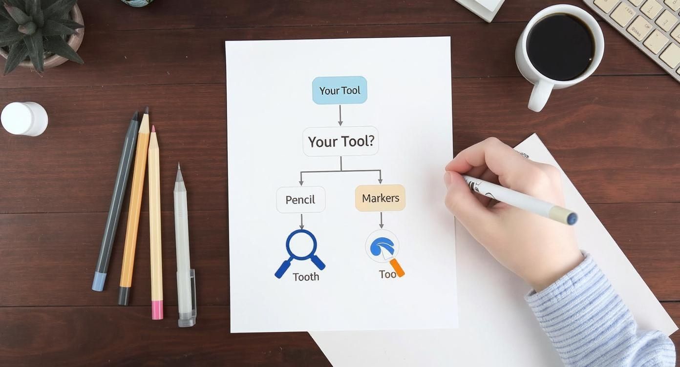 Overhead view of a person writing on a flowchart about tools on a wooden desk with pencils and coffee.