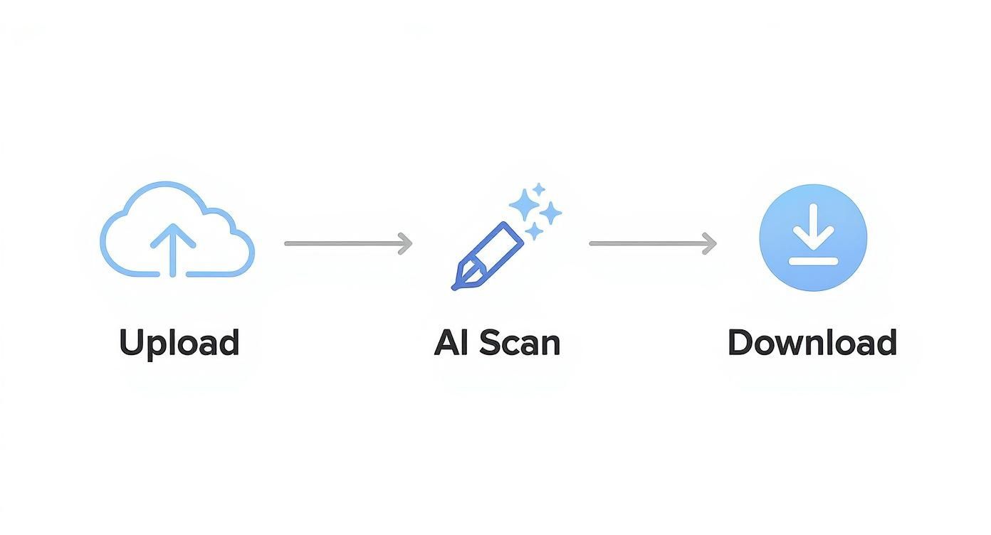 Three-step workflow diagram showing upload, AI scan, and download process with cloud and editing icons