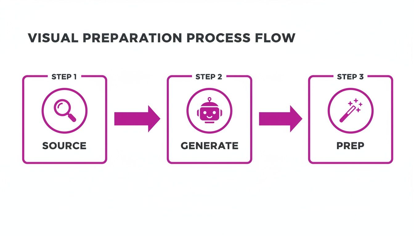 A visual preparation process flow diagram showing three steps: Source, Generate, and Prep.