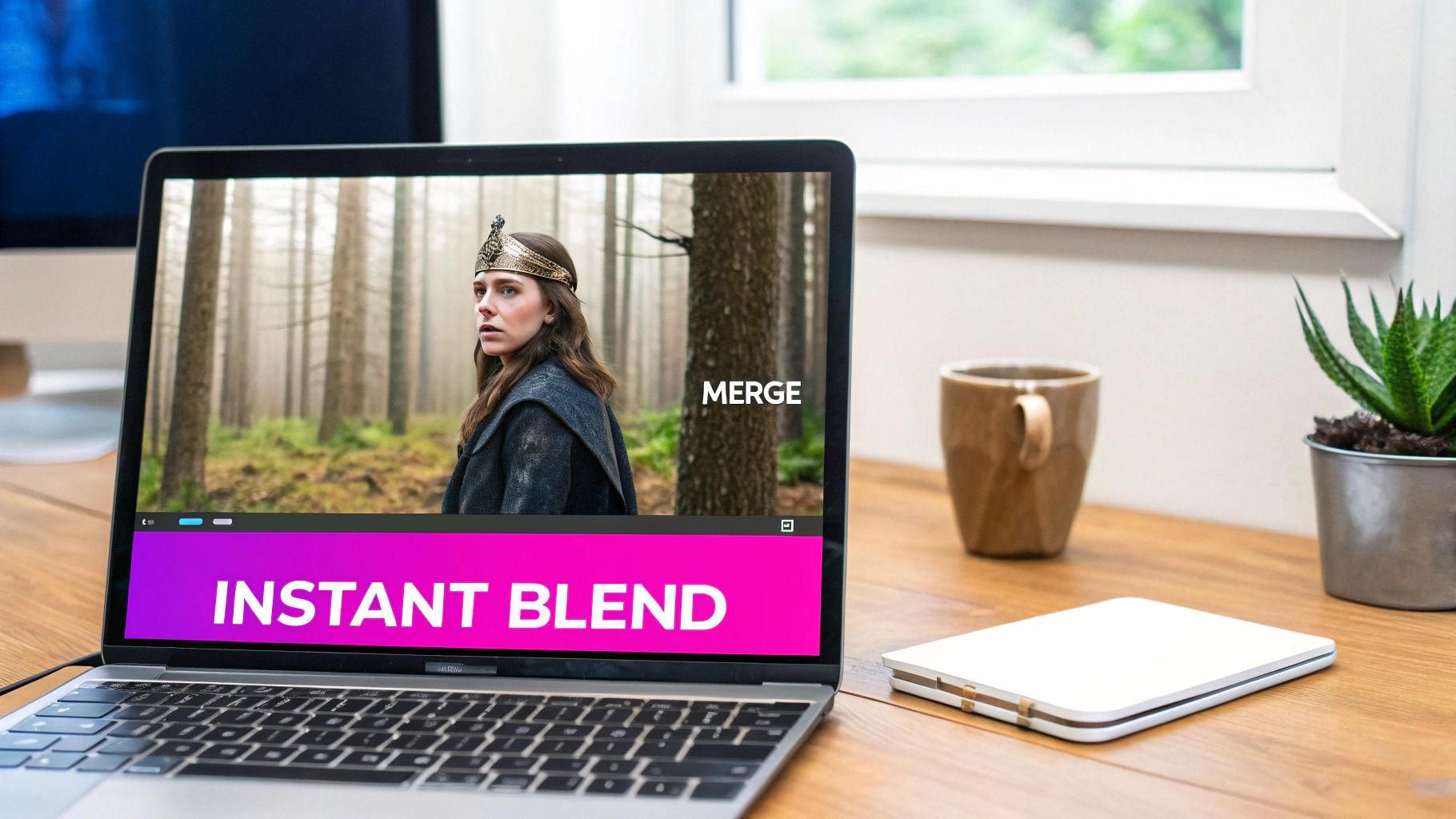 A laptop shows a video editing interface with 'INSTANT BLEND' and 'MERGE' on the screen.