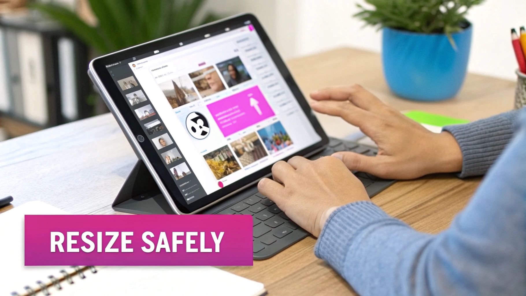 A person types on a tablet with a keyboard, displaying images and video call thumbnails.