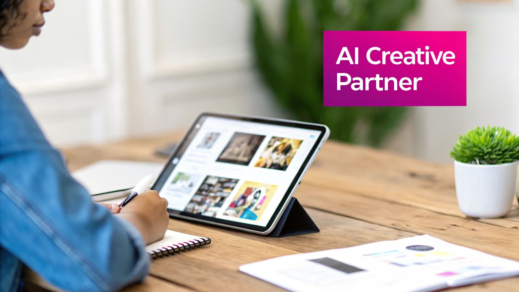 A person works with a stylus on a tablet and notebook at a wooden desk, with 'AI Creative Partner' text.