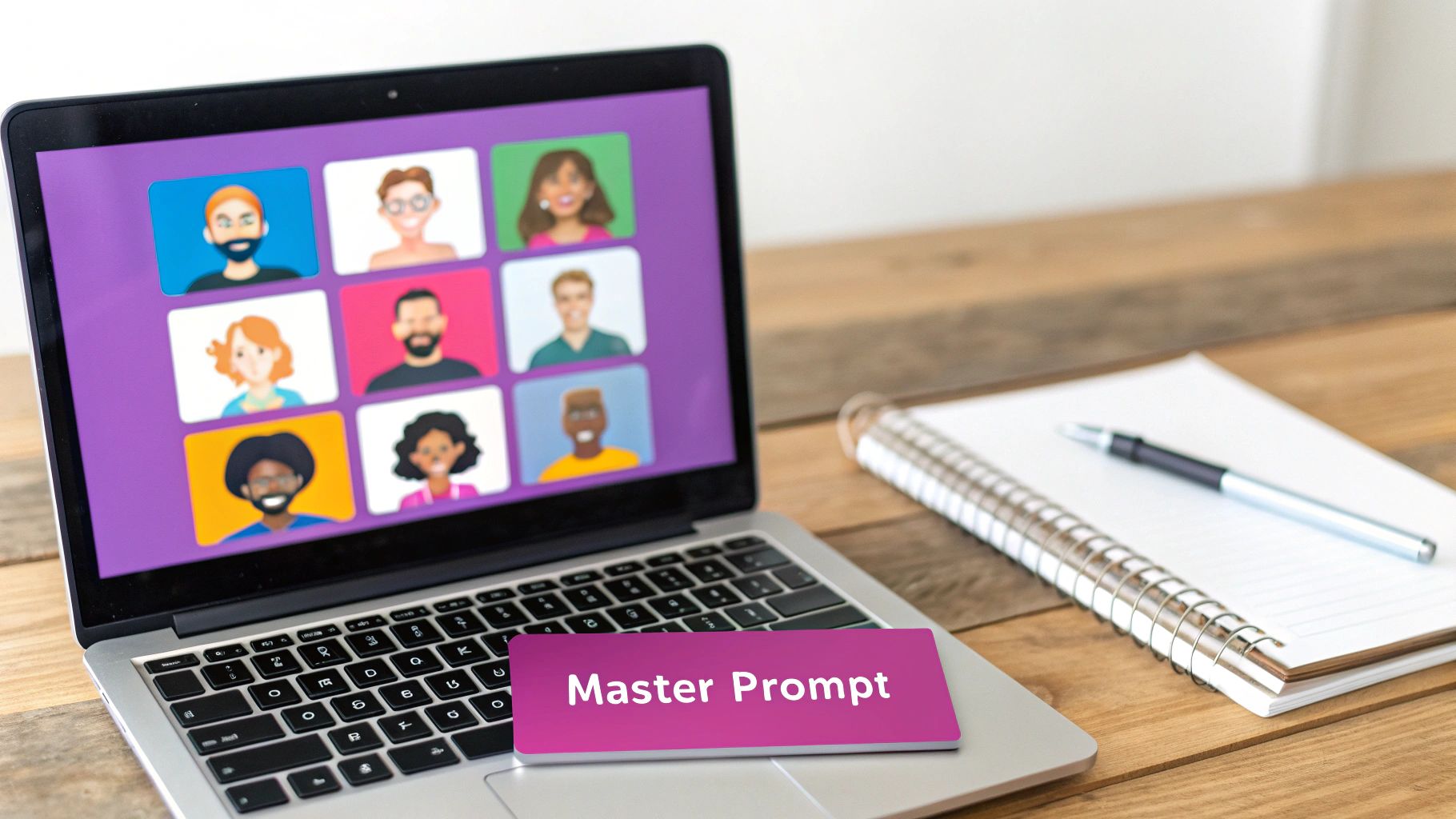 A laptop displays a virtual meeting with diverse cartoon avatars, a 'Master Prompt' card on the keyboard.