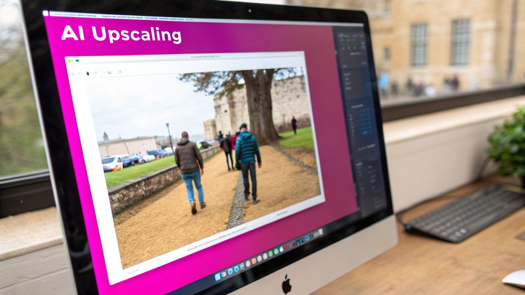 A low-resolution photo being transformed into a high-resolution one, symbolizing the upscaling process.