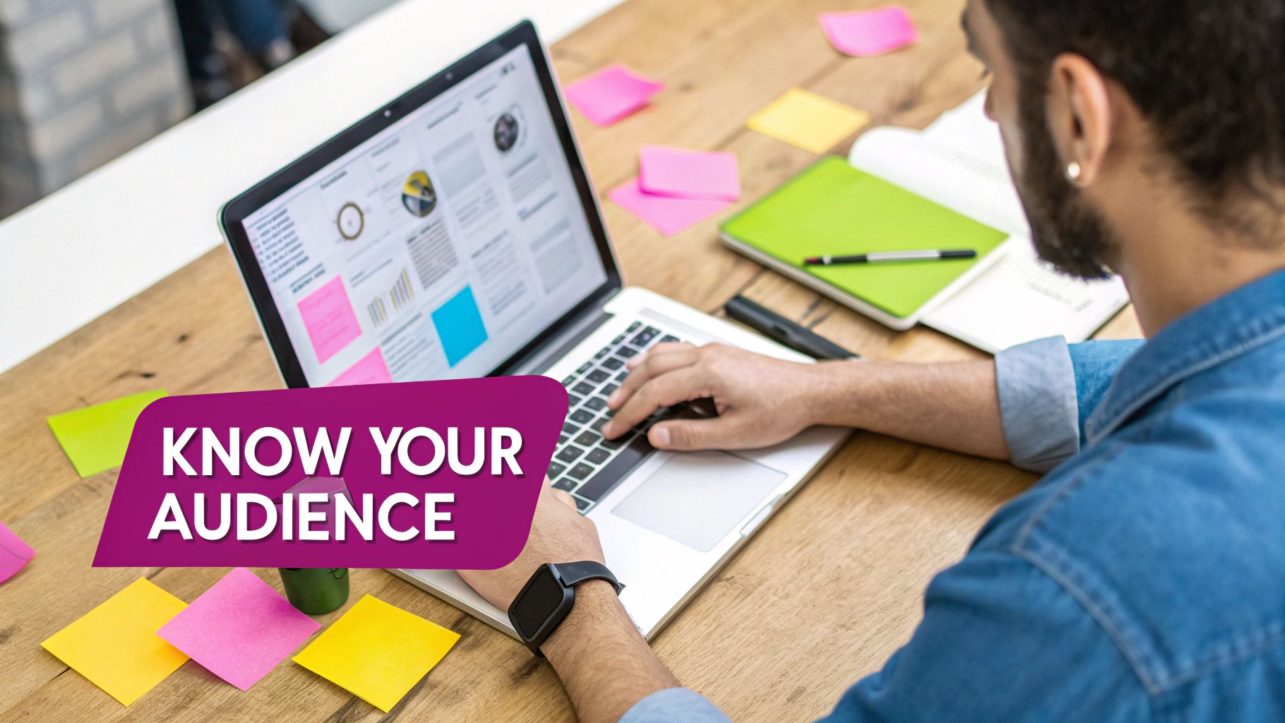 A person working on a laptop with a cup of coffee and sticky notes showing audience personas.