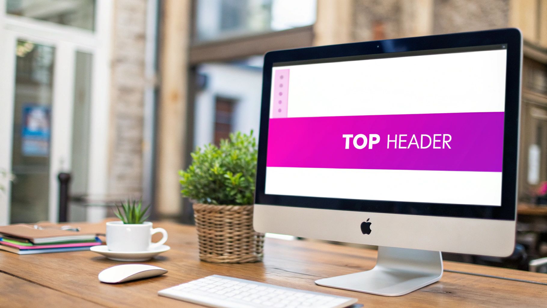 A sleek iMac with a 'TOP HEADER' banner displayed, on a wooden desk with office essentials.