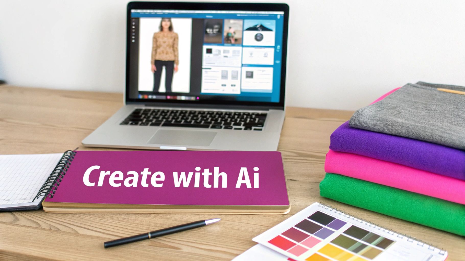 Laptop with AI fashion design, 'Create with Ai' notebook, clothes, and color swatches on a wooden desk.