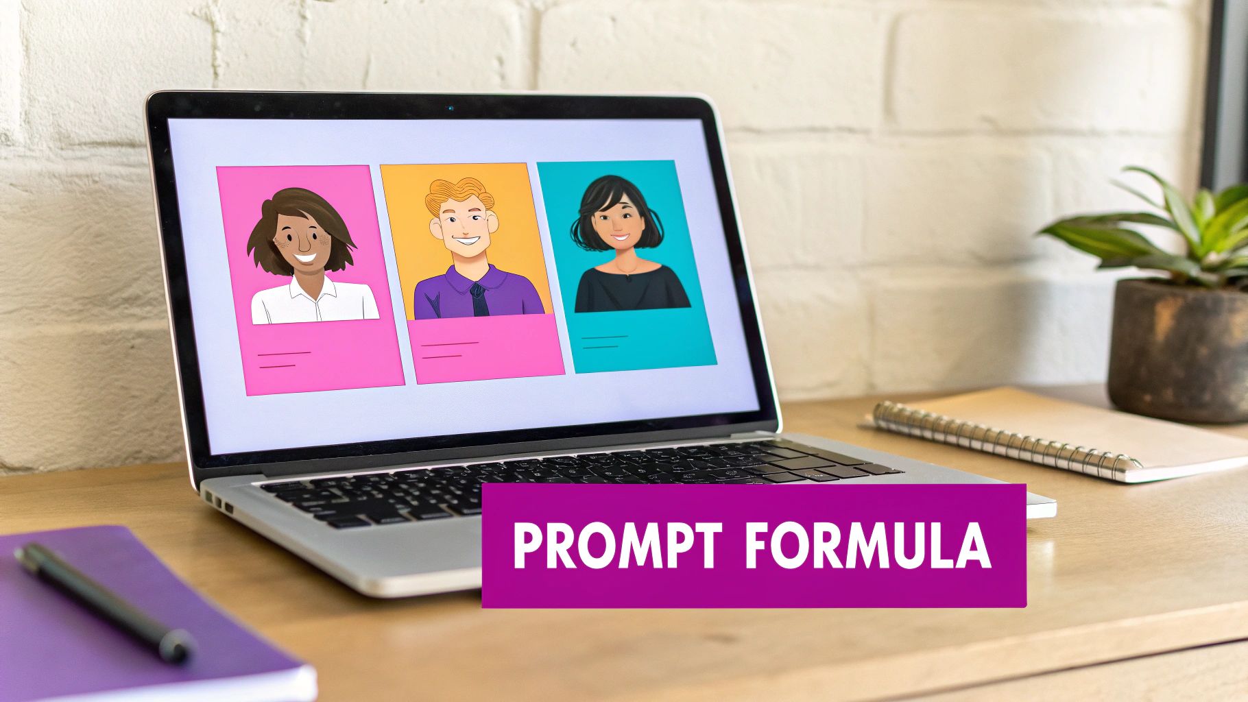 Laptop displaying diverse cartoon people illustrations with 'PROMPT FORMULA' banner on a wooden desk.