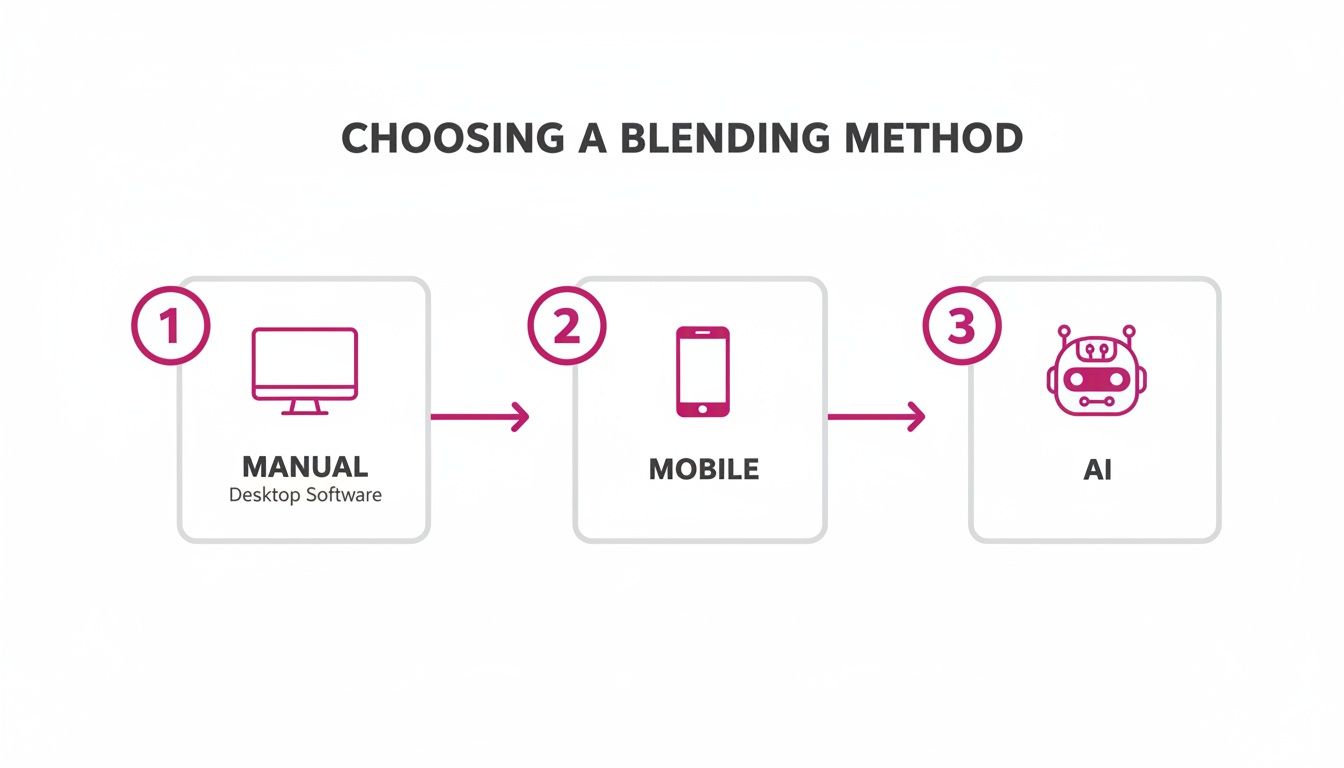 Flowchart illustrating three image blending methods: manual desktop software, mobile app, and AI.