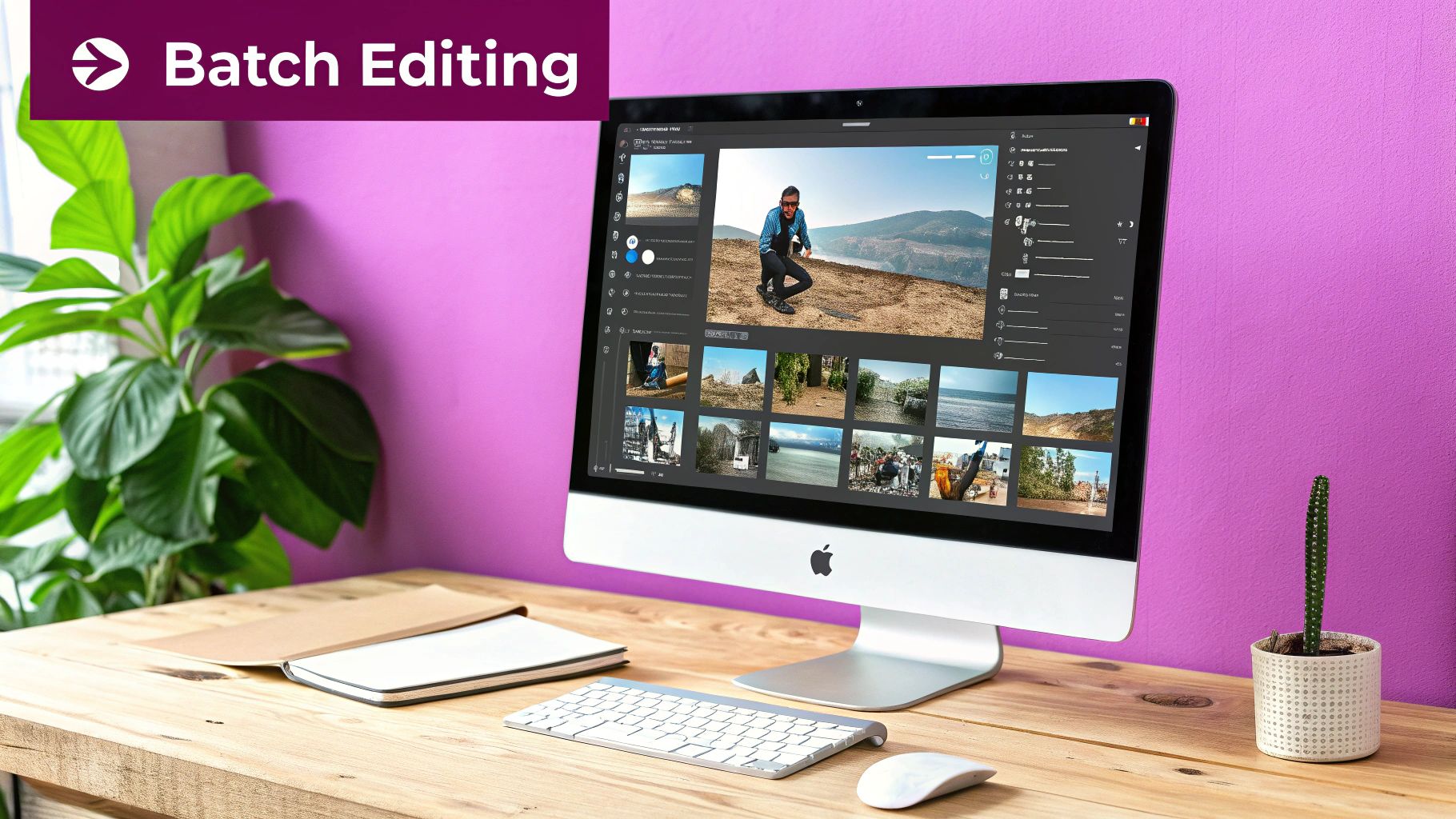 An Adobe Photoshop workspace showing multiple image thumbnails on the left and a main editing window on the right.