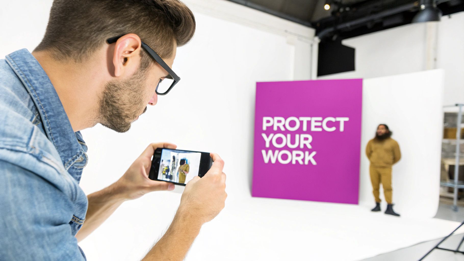 Man in glasses takes smartphone photo of a person next to a 'PROTECT YOUR WORK' sign.