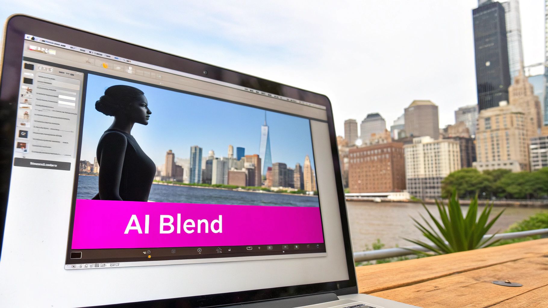 A portrait of a woman's face blended with a dramatic cityscape at night