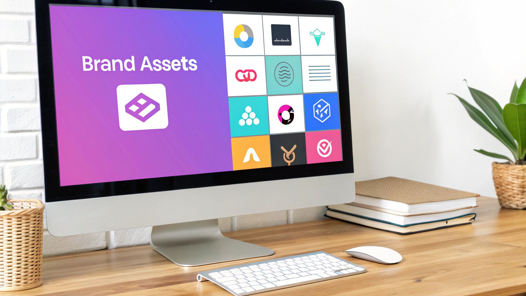 A designer working on brand assets on a computer, with logos and color palettes visible on the screen.