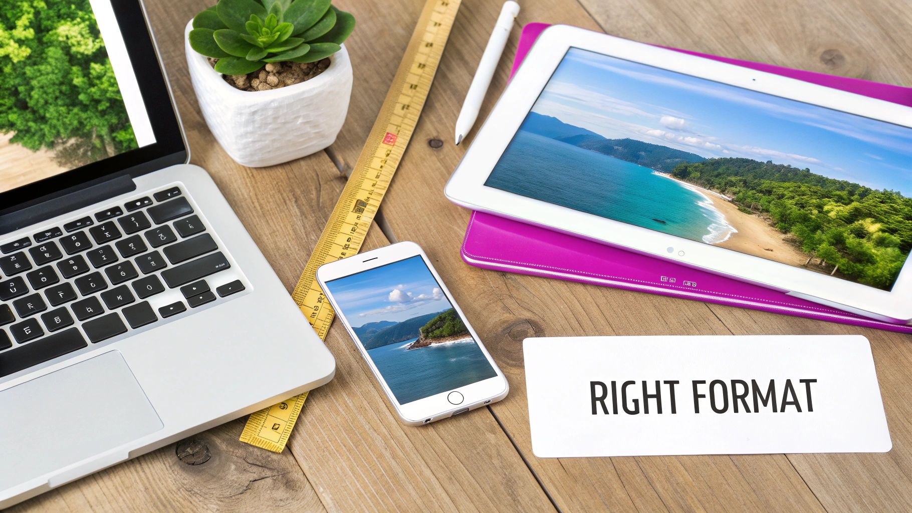 Multiple devices displaying tropical beach images on wooden desk with ruler and plant