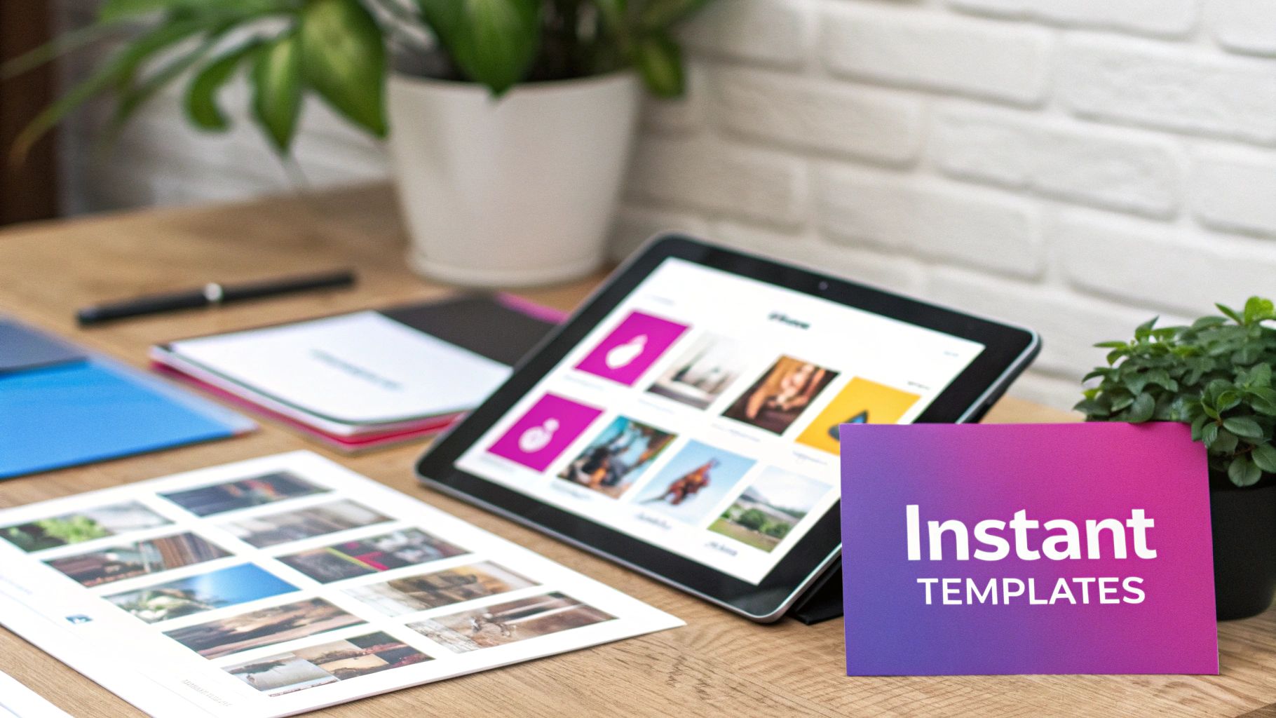 A workspace with a tablet displaying image templates, a template card, and printed photos.