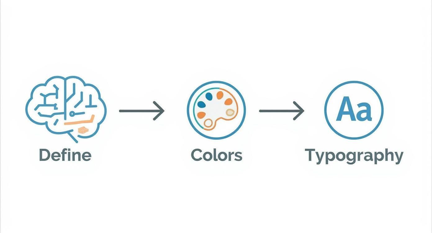 Infographic showing a three-step process for defining a YouTube channel's visual identity with icons for define, colors, and typography.