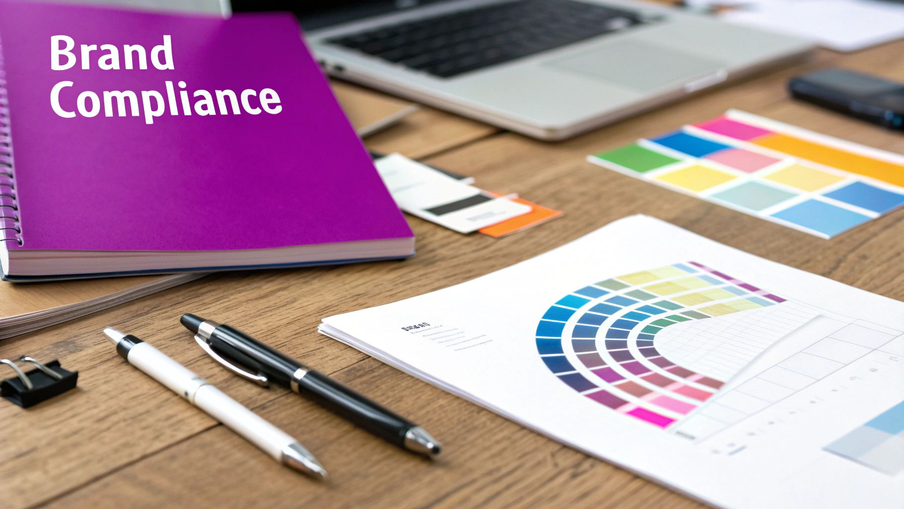 An abstract image representing brand guidelines, with elements like color palettes, typography, and logos arranged neatly.