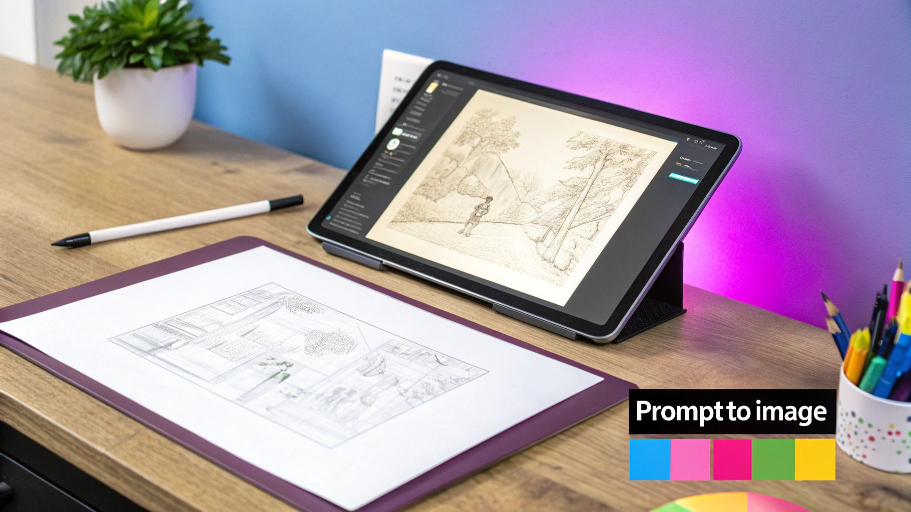 Digital and traditional art tools on a desk, including a tablet, stylus, and sketches.