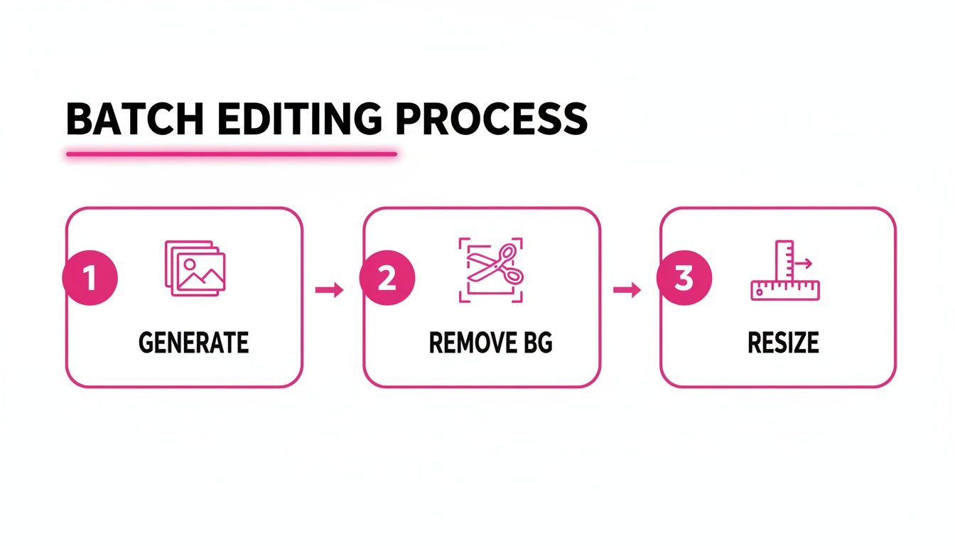 Infographic illustrating a three-step batch image editing process: generate, remove background, and resize.