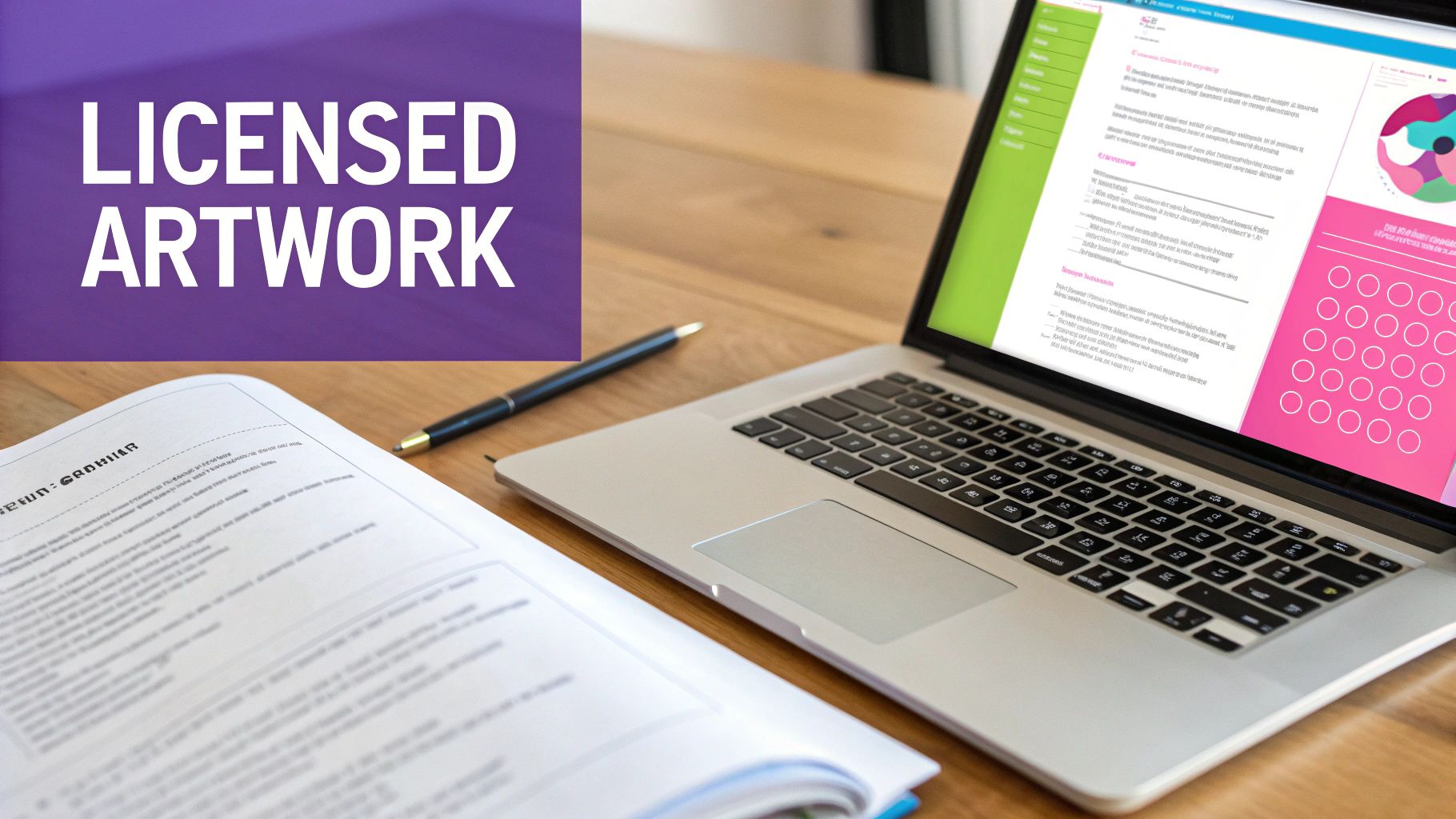 A well-organized workspace with a designer selecting images on a tablet, with legal documents and a coffee cup nearby.