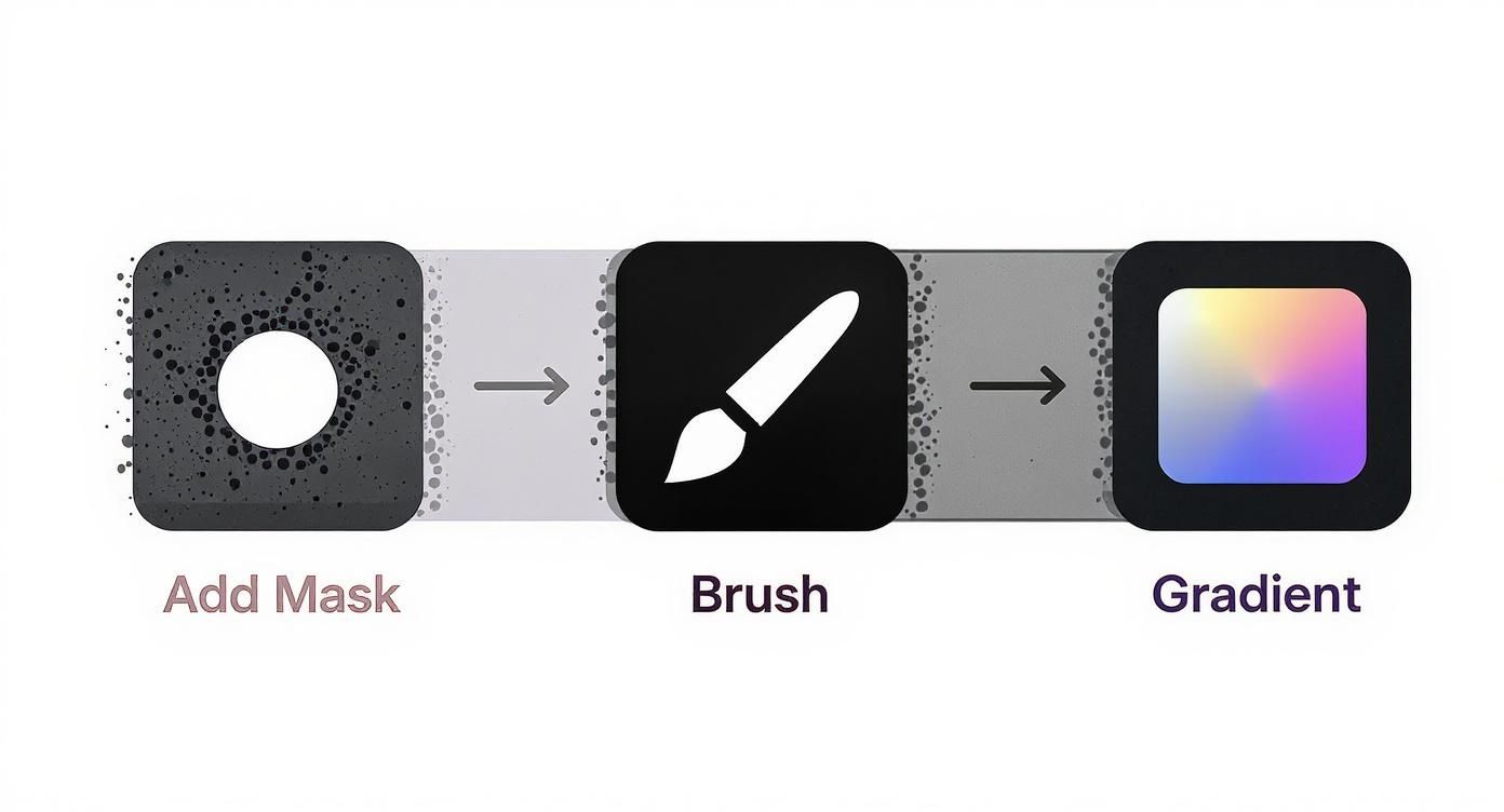 Diagram illustrating steps for image manipulation: Add Mask, Brush, and Gradient tools.