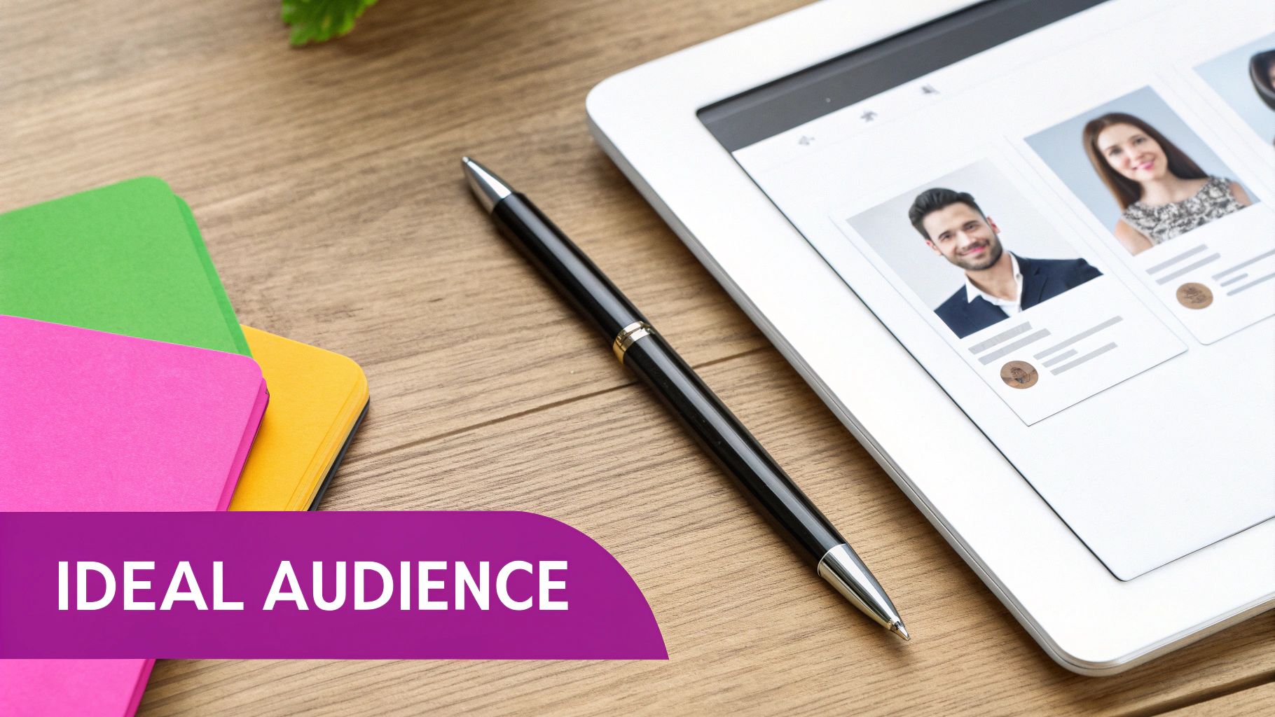 A tablet displaying ideal audience profiles, a pen, and colorful notepads on a wooden desk.