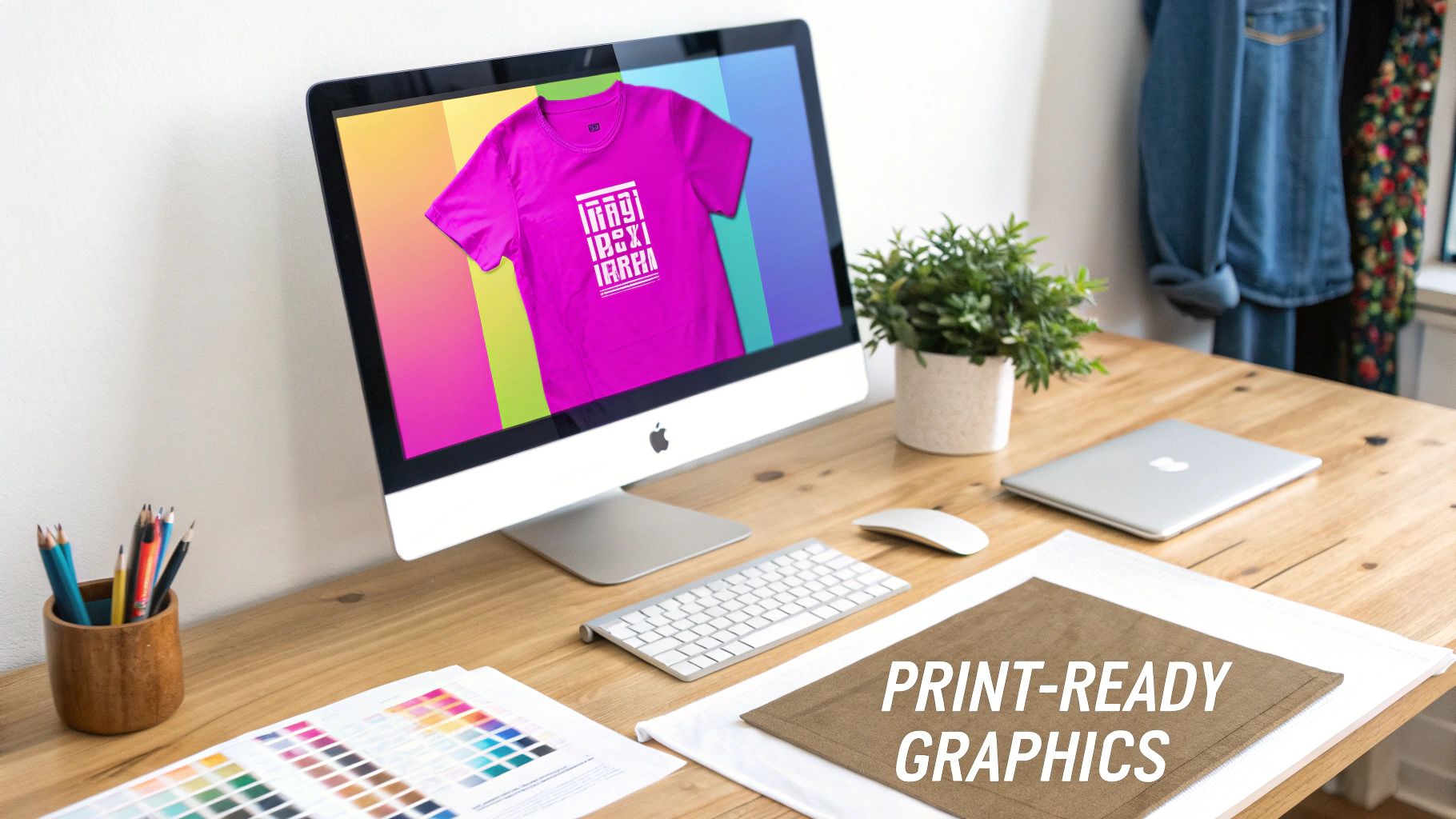 A close-up of a high-quality, colorful graphic printed on a white t-shirt, showcasing crisp lines and vibrant colors.