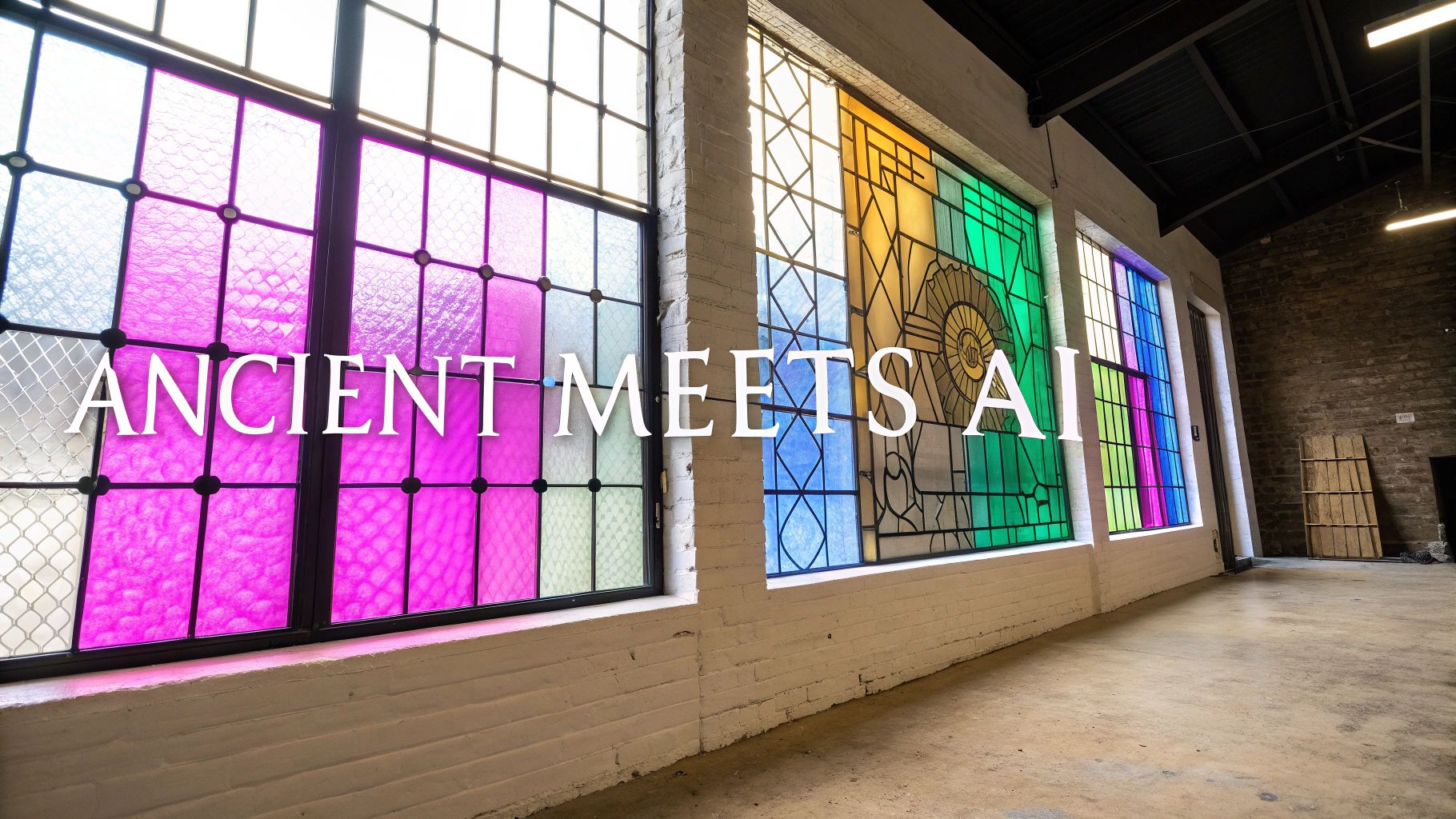 Modern interior features vibrant, colorful stained glass windows with 'ANCIENT MEETS AI' text overlay.