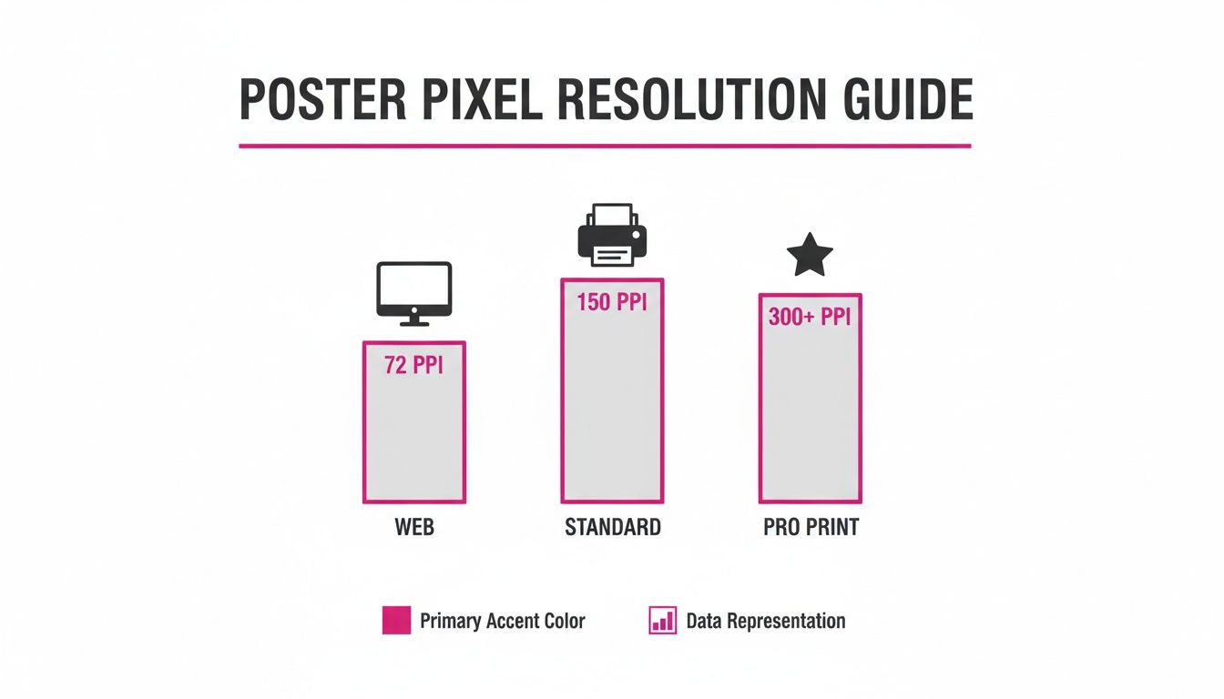 A bar chart guide illustrating pixel resolutions (PPI) for web, standard print, and professional print posters.