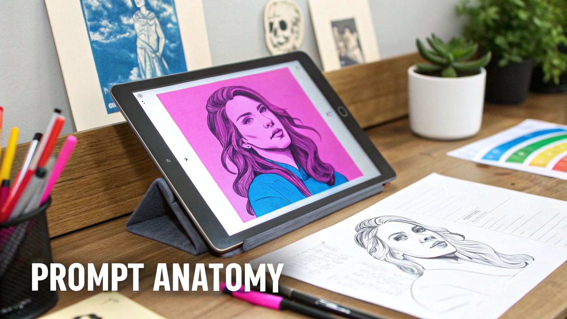 A tablet displays a vibrant pop art illustration of a woman on a desk with a sketch and art supplies.