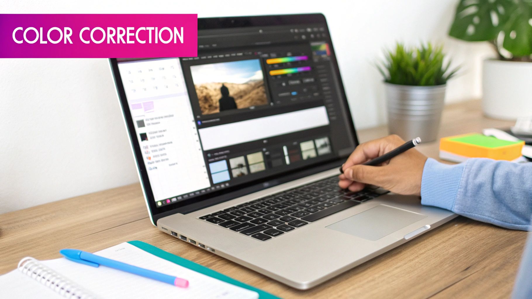 Person using laptop computer for color correction and photo editing software on desk workspace