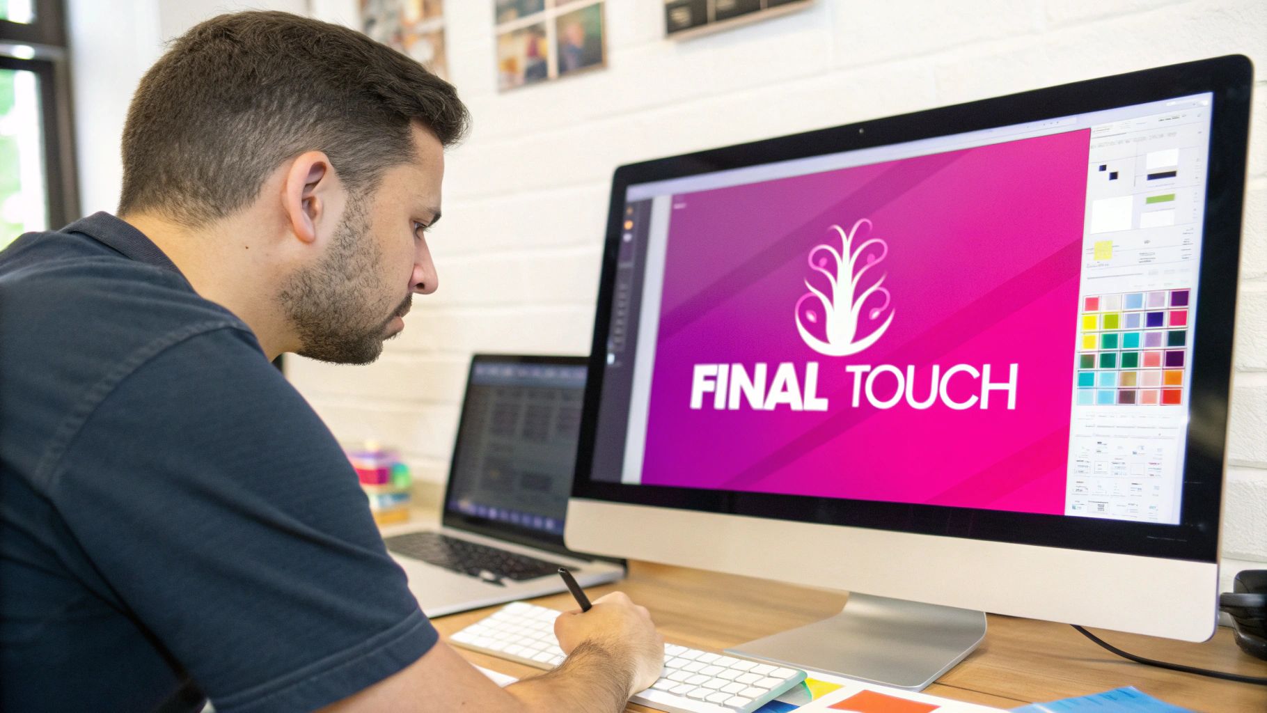A designer using a stylus on a tablet to refine an AI-generated logo, adding the final human touch.