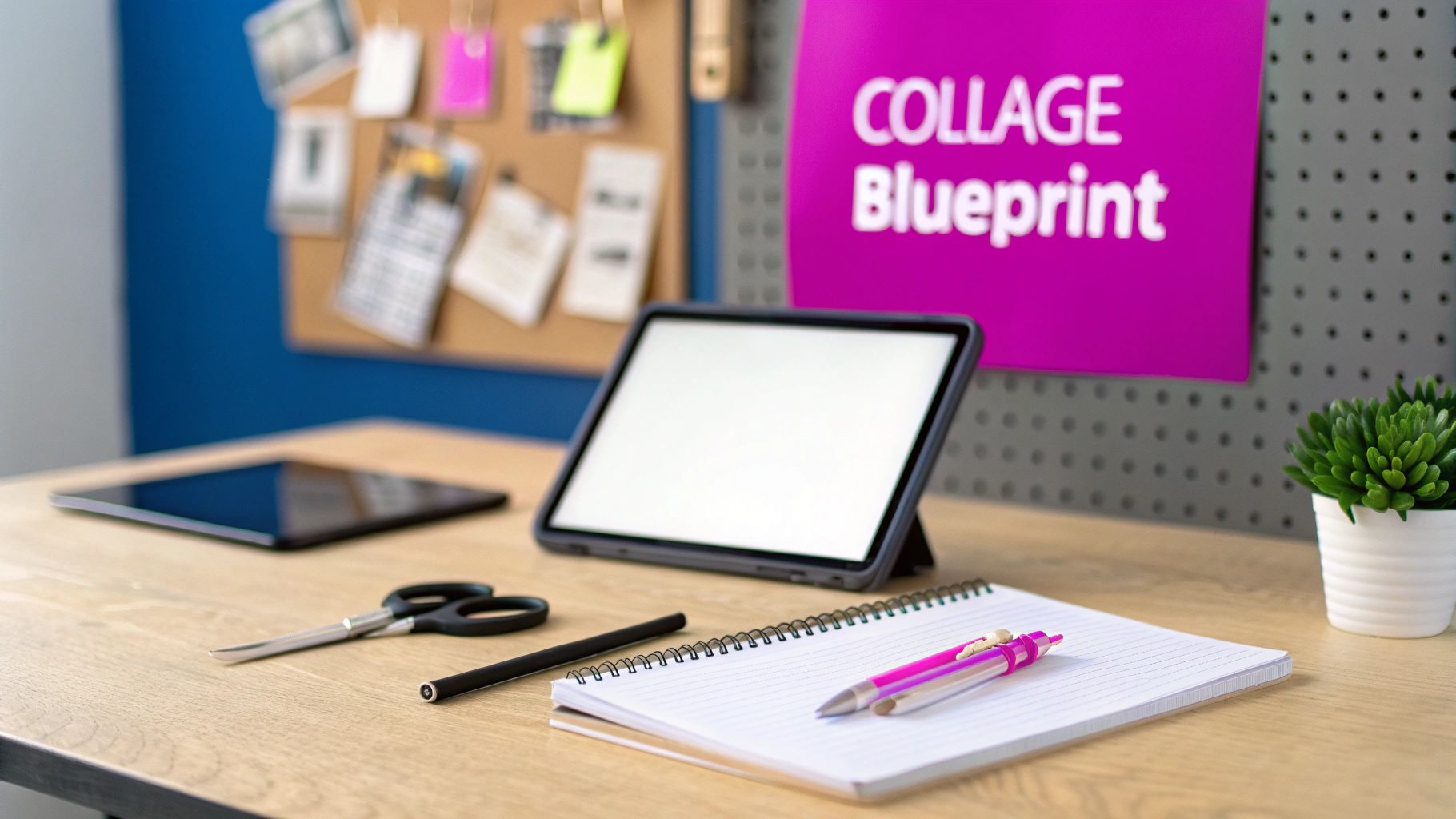 A creative workspace with two tablets, a notebook, pens, scissors, and a 'COLLAGE Blueprint' sign.