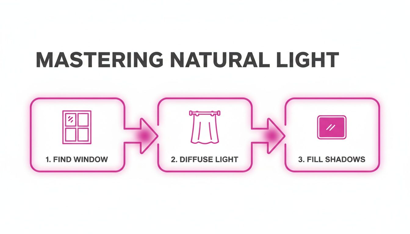 A diagram illustrating three steps for mastering natural light: find window, diffuse light, and fill shadows.