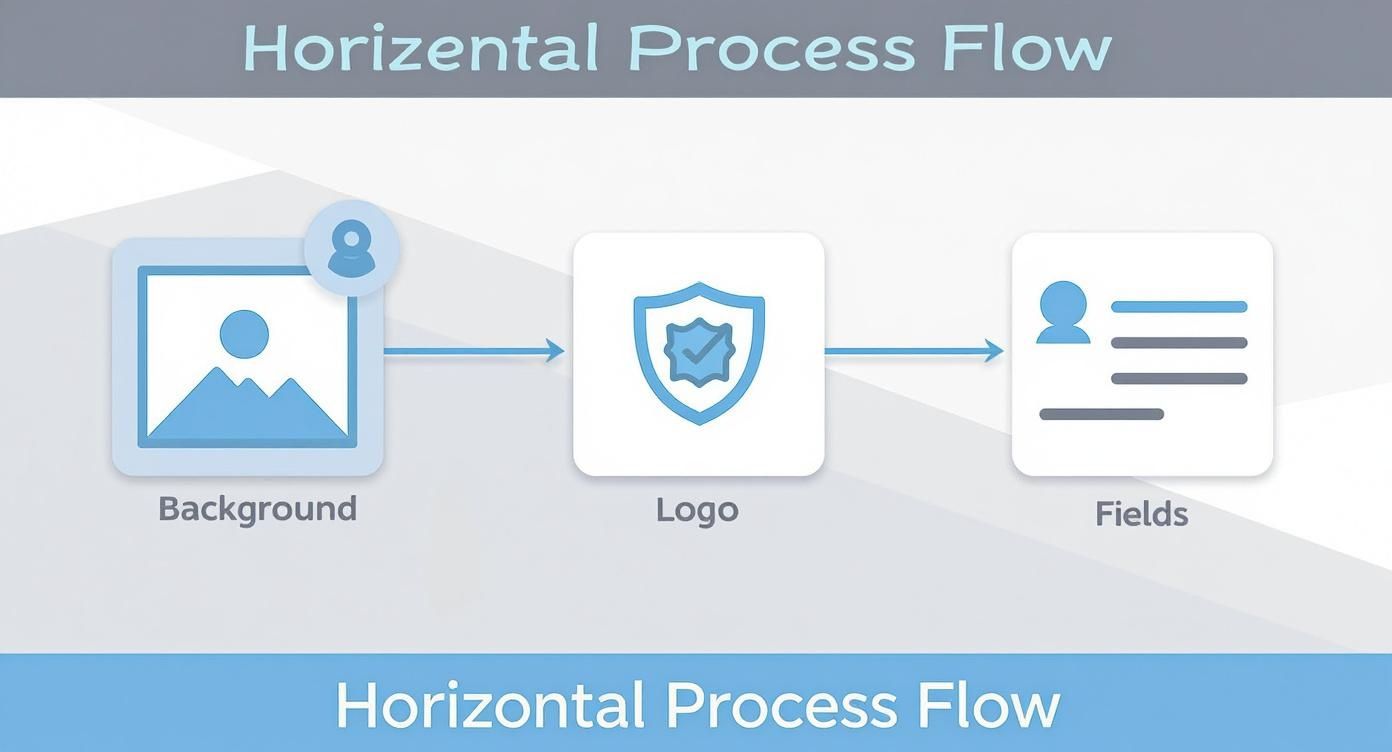 An infographic illustrating the process flow of creating an ID card template, starting with the background, then the logo, and finally the dynamic data fields.