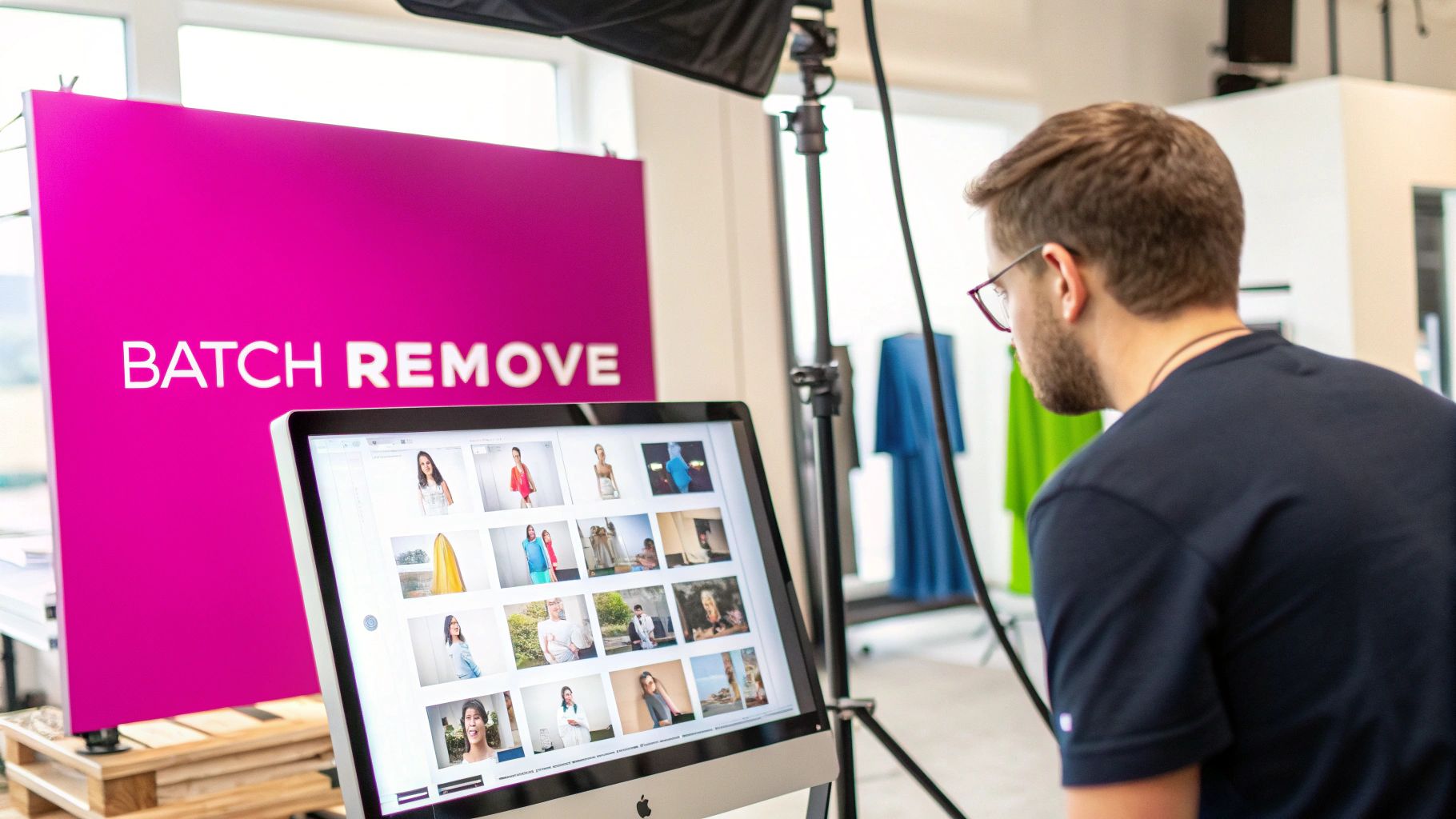 A man looking at a computer screen displaying images in a photo studio with a "BATCH REMOVE" sign.