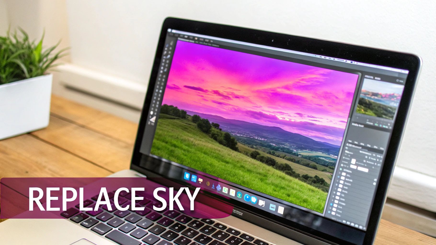 A dramatic, colorful sky being composited onto a landscape photo, with the layer panel visible in the editor.