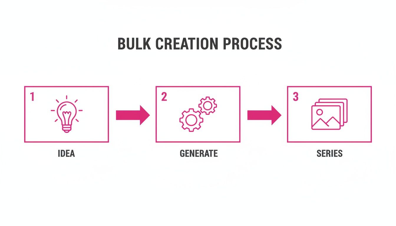 Flowchart showing the bulk creation process: Idea (lightbulb), Generate (gears), and Series (images).