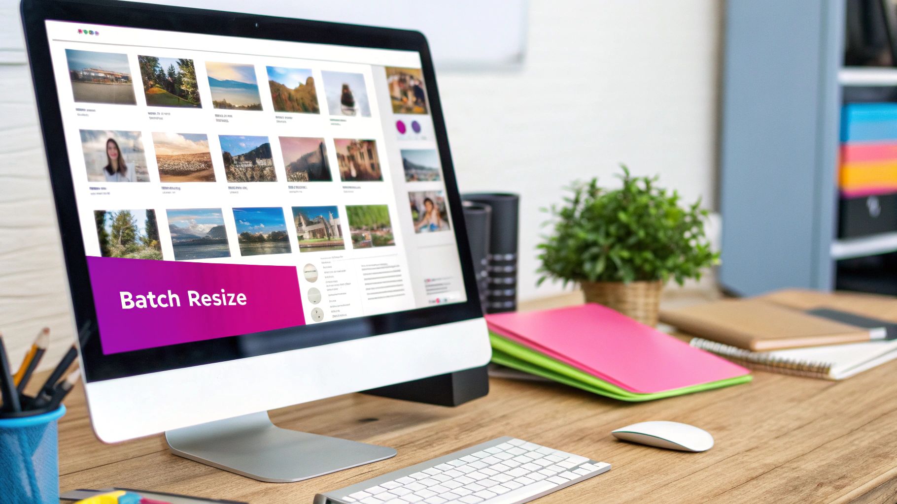 A person looking overwhelmed at a desk with multiple photos scattered around, symbolizing inefficient workflow.