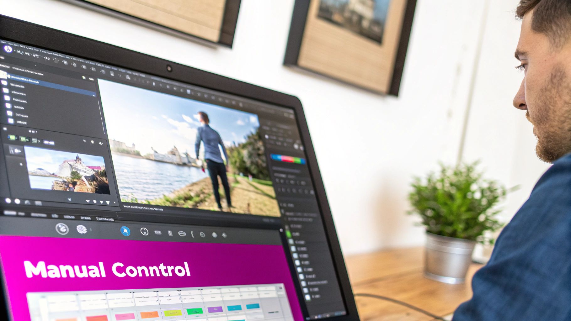 A person using a graphics tablet to edit a detailed image in a professional software application.