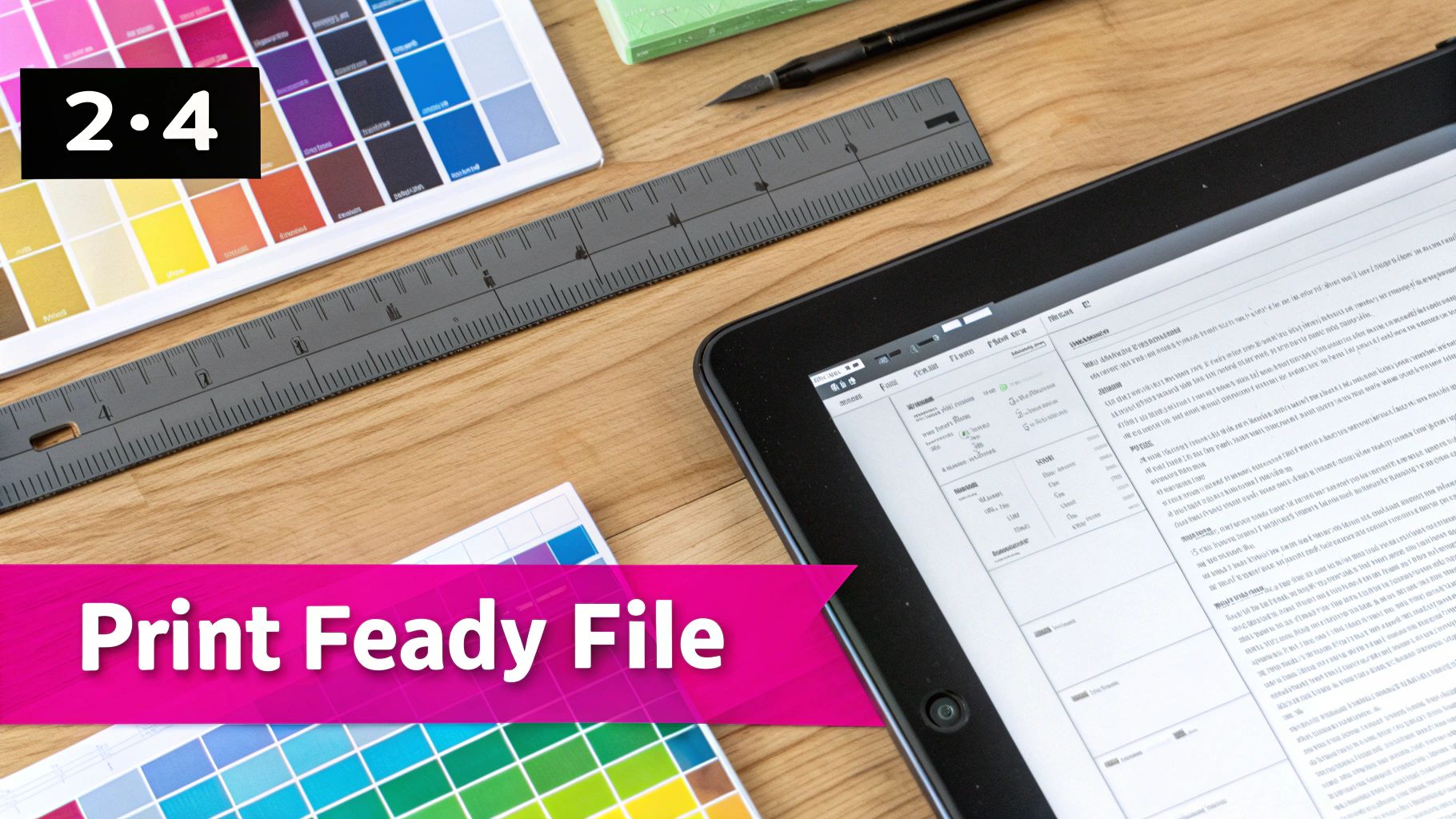 A print design workspace featuring color swatch books, a ruler, and a tablet with a document.